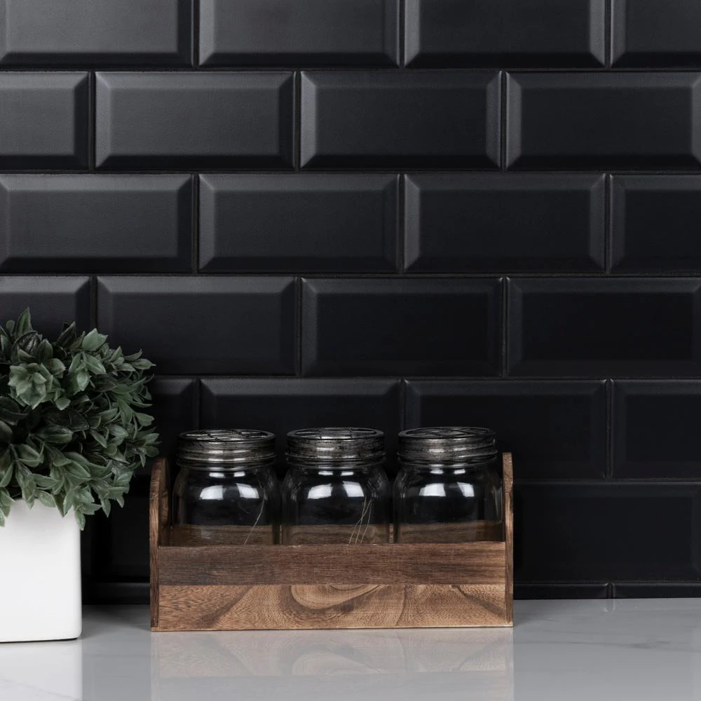 Merola Tile Crown Heights Beveled 3 In. X 6 In. Matte Black Ceramic Wall Tile (6.03 Sq. Ft. /Case) 2 Merola Tile Crown Heights Beveled 3 In. X 6 In. Matte Black Ceramic Wall Tile (6.03 Sq. Ft. /Case) - Image 2