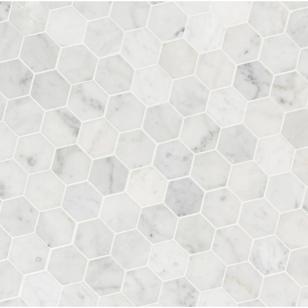 MSI Carrara White Hexagon 11.75 In. X 12 In. X 8mm Honed Marble Mesh-Mounted Mosaic Tile (9.8 Sq. Ft./case) 4 MSI Carrara White Hexagon 11.75 In. X 12 In. X 8mm Honed Marble Mesh-Mounted Mosaic Tile (9.8 Sq. Ft./case) - Image 4