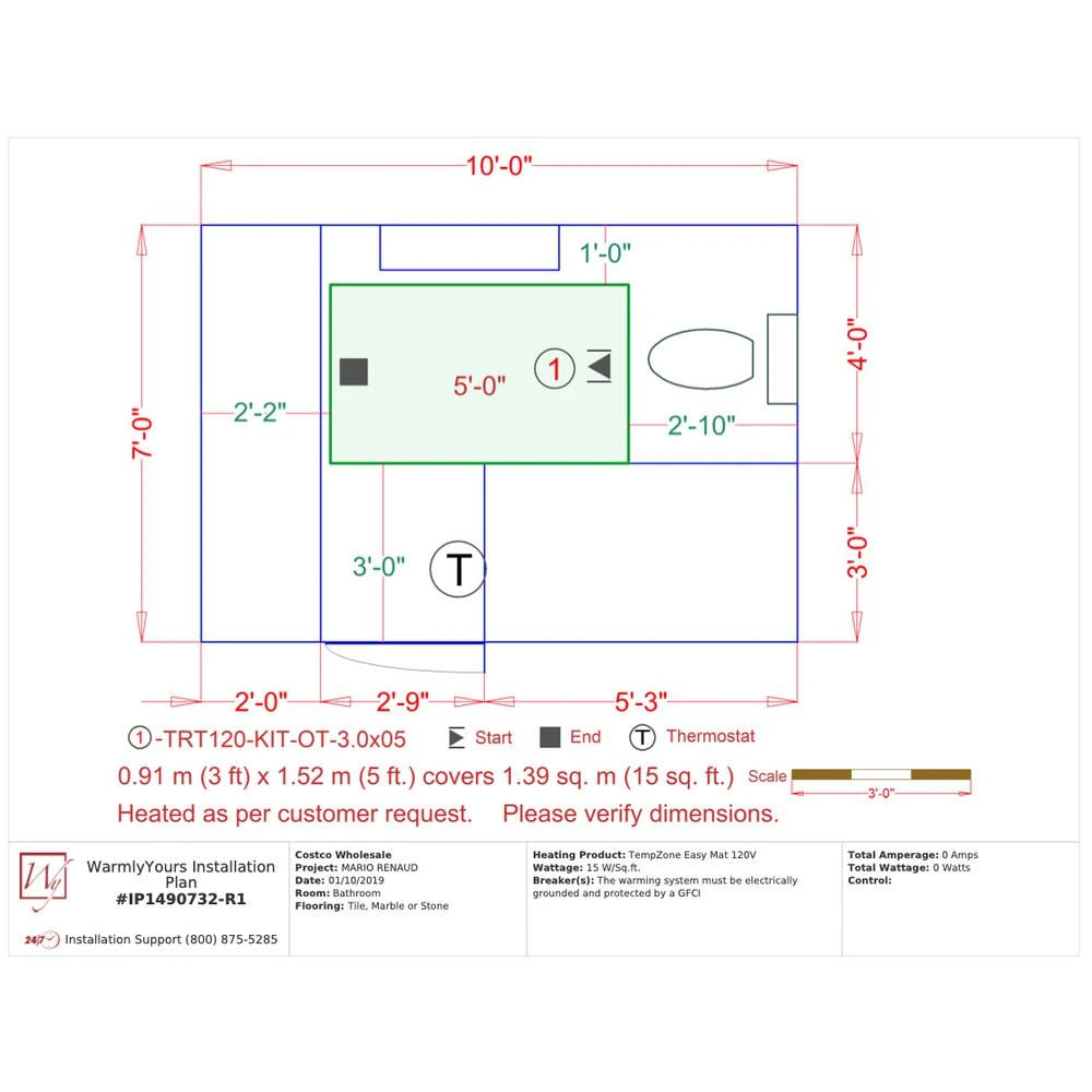 WarmlyYours TempZone 5 Ft. X 36 In. 120-Volt Radiant Floor Heating Mat With Touch Screen Thermostat (Covers 15 Sq. Ft.) 2 WarmlyYours TempZone 5 Ft. X 36 In. 120-Volt Radiant Floor Heating Mat With Touch Screen Thermostat (Covers 15 Sq. Ft.) - Image 2