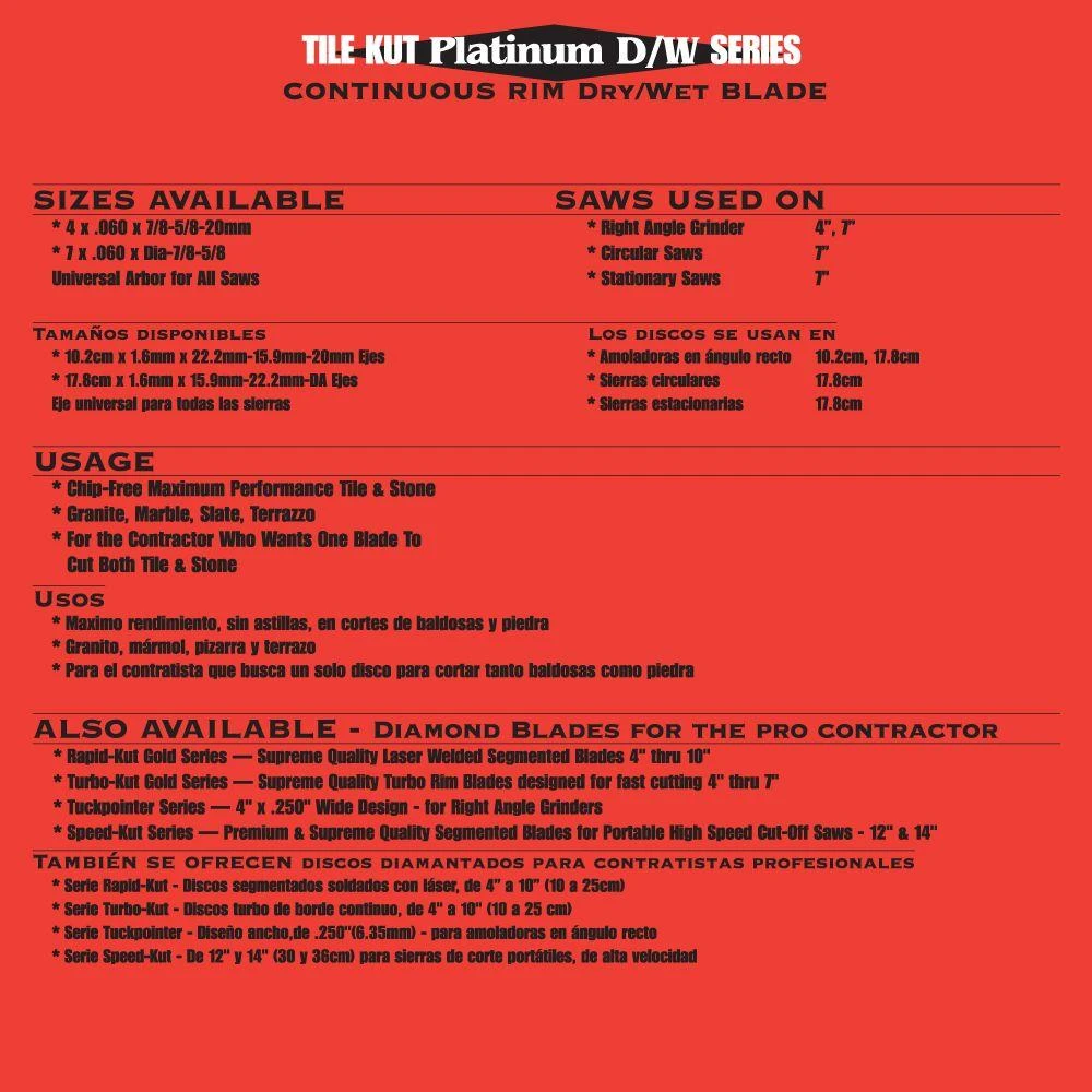 Quasar Tile Kut Platinum D/W 7 In. Continuous Rim Tile Diamond Blade 2 Quasar Tile Kut Platinum D/W 7 In. Continuous Rim Tile Diamond Blade - Image 2