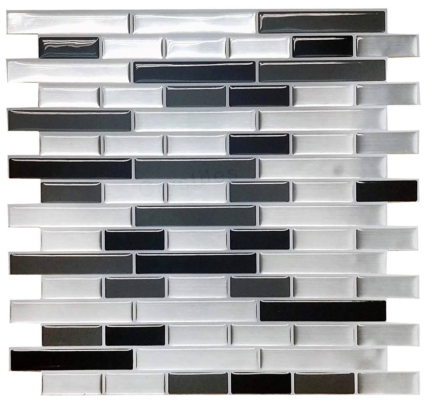 Crystiles Black, Deep Grey And Brushed Silver 12 In. X 12 In. Peel And Stick Vinyl Wall Tile Backsplash, "Pro" Series Thicker Version (4-Pack) 1 Crystiles Black, Deep Grey And Brushed Silver 12 In. X 12 In. Peel And Stick Vinyl Wall Tile Backsplash, "Pro" Series Thicker Version (4-Pack)