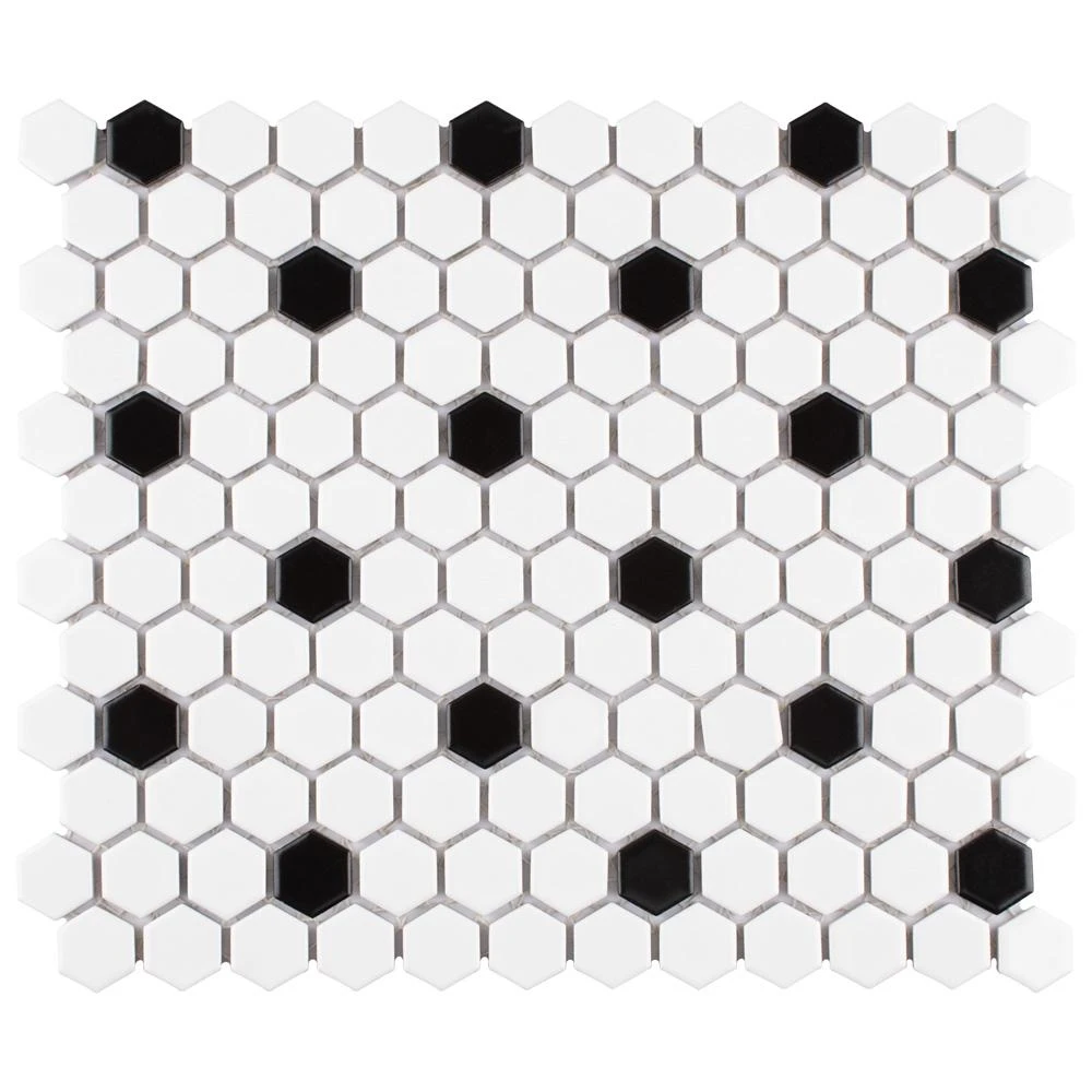 Merola Tile Madison Hex Matte 11-7/8 In. X 10-1/4 In. X 6mm Cool White With Black Dot Porcelain Mosaic Tile 1 Merola Tile Madison Hex Matte 11-7/8 In. X 10-1/4 In. X 6mm Cool White With Black Dot Porcelain Mosaic Tile