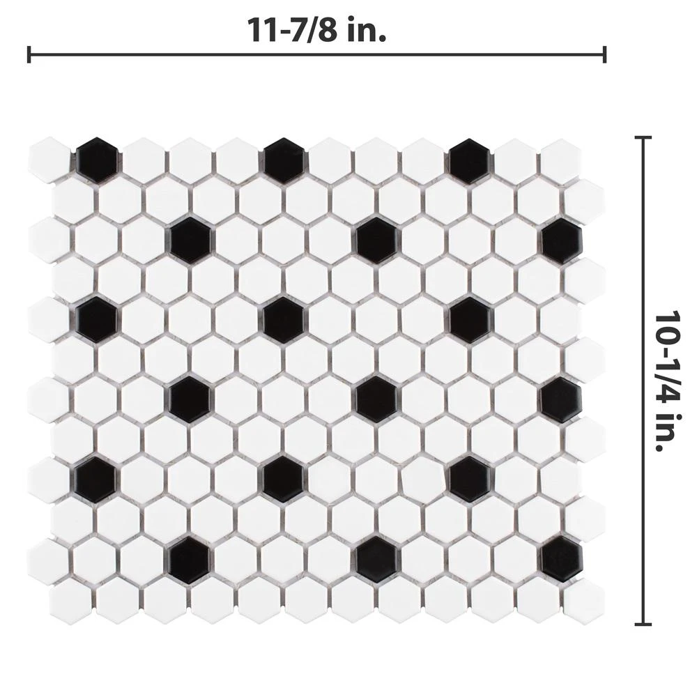 Merola Tile Madison Hex Matte 11-7/8 In. X 10-1/4 In. X 6mm Cool White With Black Dot Porcelain Mosaic Tile 2 Merola Tile Madison Hex Matte 11-7/8 In. X 10-1/4 In. X 6mm Cool White With Black Dot Porcelain Mosaic Tile - Image 2
