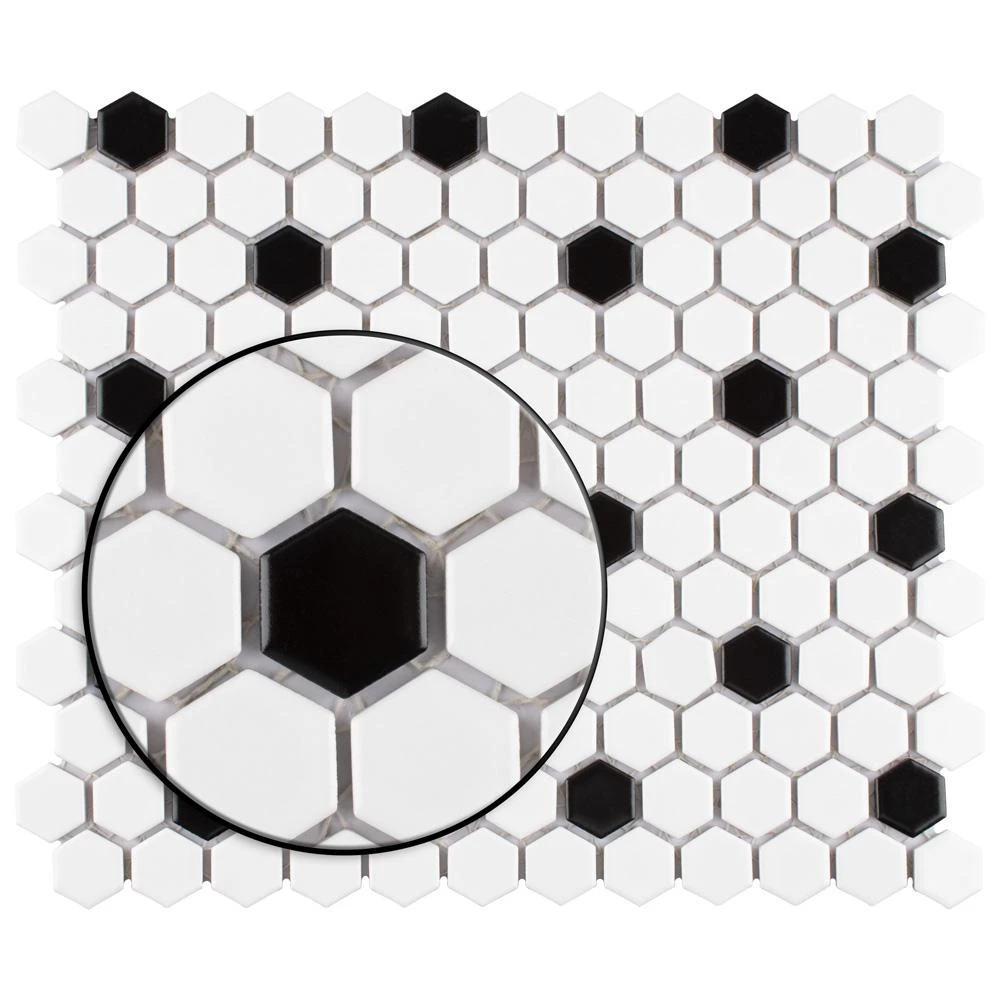Merola Tile Madison Hex Matte 11-7/8 In. X 10-1/4 In. X 6mm Cool White With Black Dot Porcelain Mosaic Tile 6 Merola Tile Madison Hex Matte 11-7/8 In. X 10-1/4 In. X 6mm Cool White With Black Dot Porcelain Mosaic Tile - Image 6