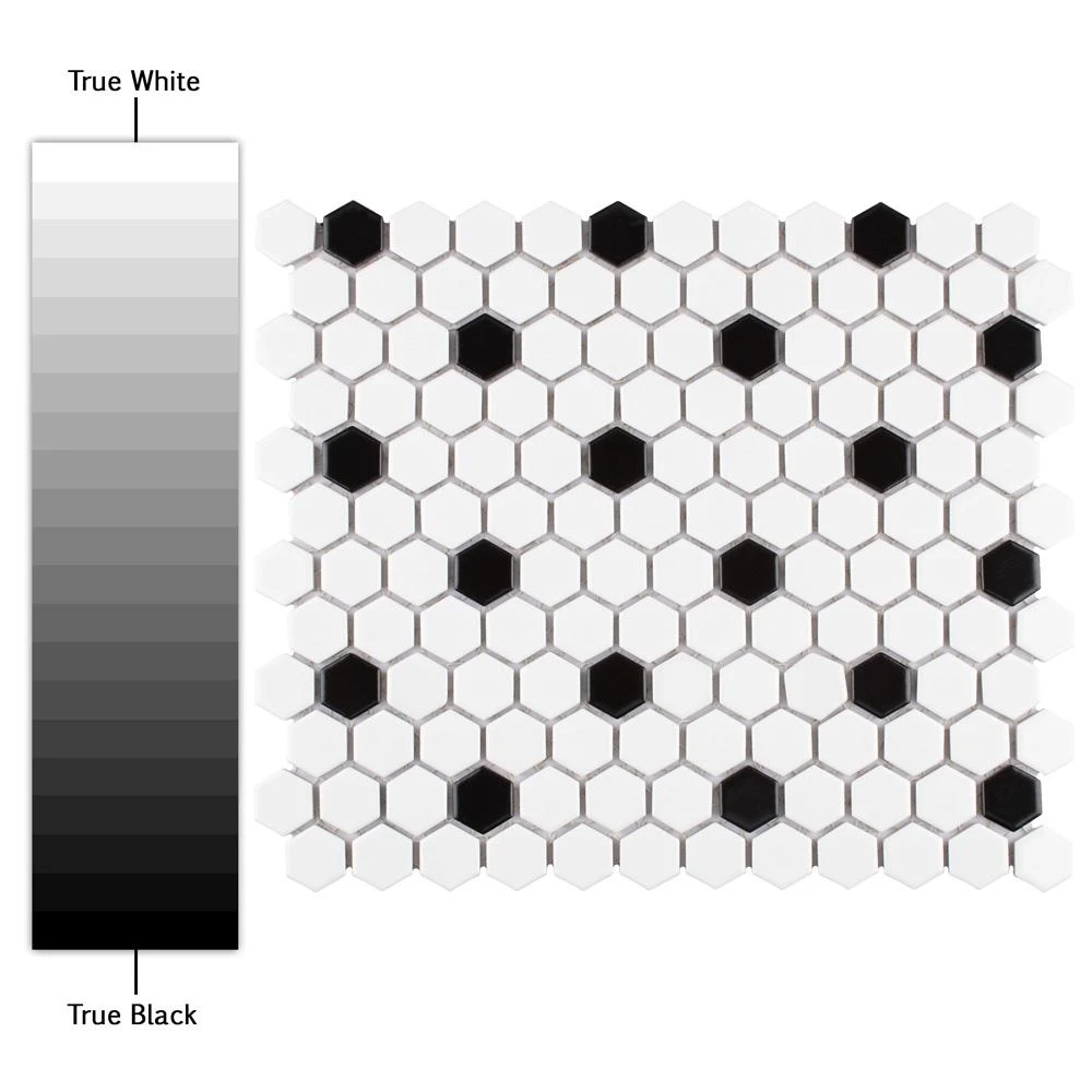 Merola Tile Madison Hex Matte 11-7/8 In. X 10-1/4 In. X 6mm Cool White With Black Dot Porcelain Mosaic Tile 7 Merola Tile Madison Hex Matte 11-7/8 In. X 10-1/4 In. X 6mm Cool White With Black Dot Porcelain Mosaic Tile - Image 7